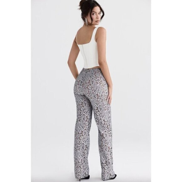 HOUSE OF CB Mara Lace Trousers in Silver Metallic Size Large - Picture 3 of 11